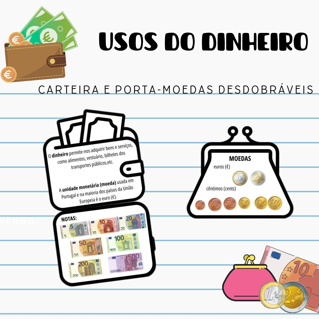 Usos do dinheiro - carteira e porta-moedas desdobráveis